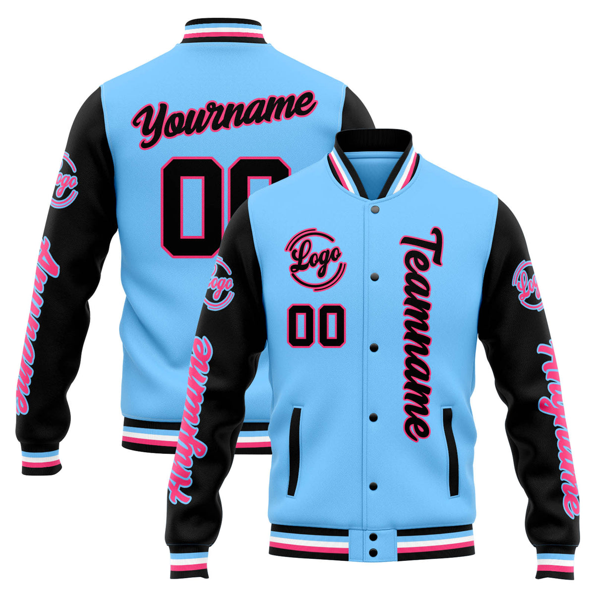 Custom Varsity Jacket Letterman Jacket For Men, Women And Youth Light Blue Black