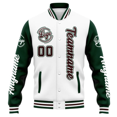 Custom Varsity Jacket Letterman Jacket For Men, Women And Youth White Green Brown