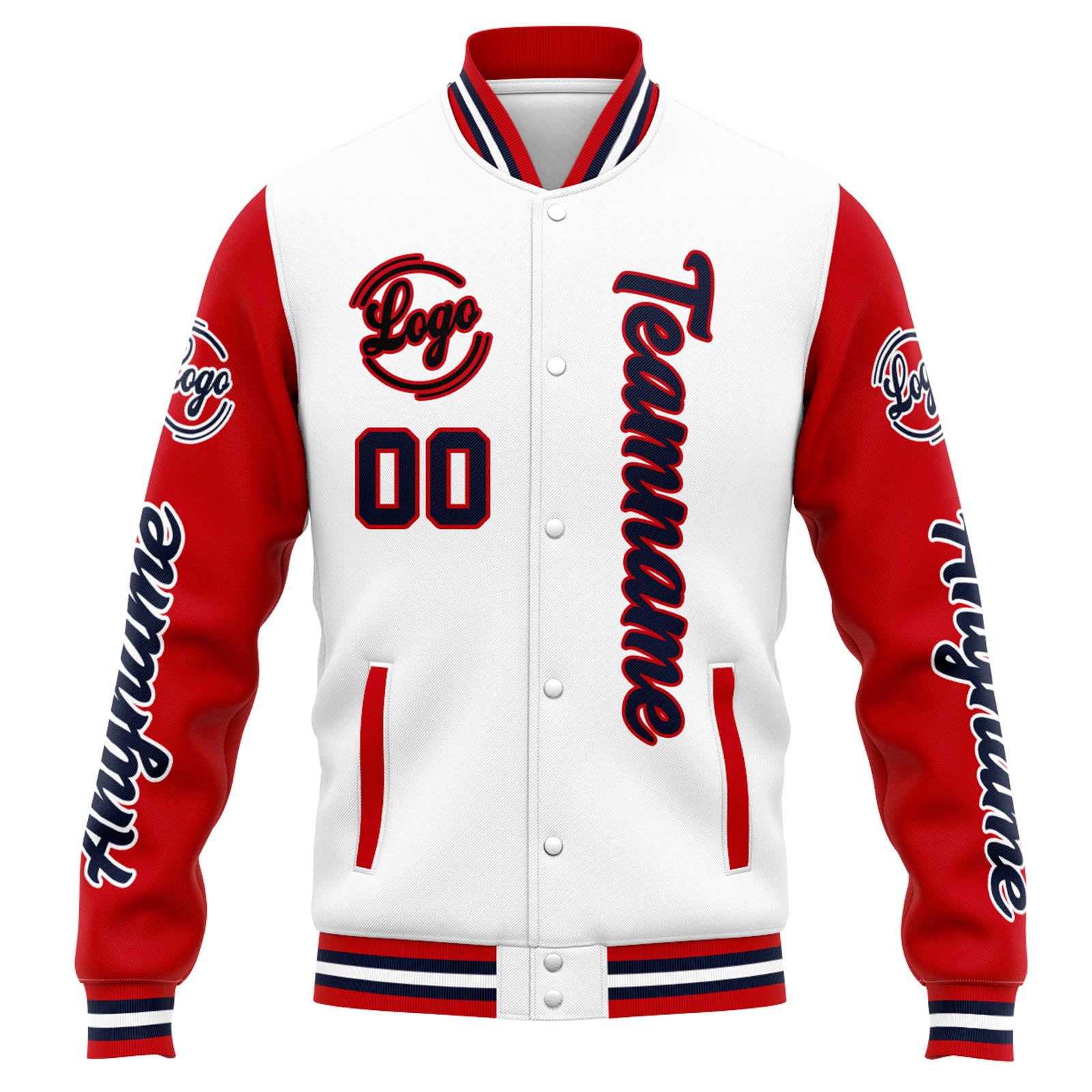 Custom Varsity Jacket Letterman Jacket For Men, Women And Youth White Red Navy