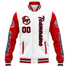 Custom Varsity Jacket Letterman Jacket For Men, Women And Youth White Red Navy