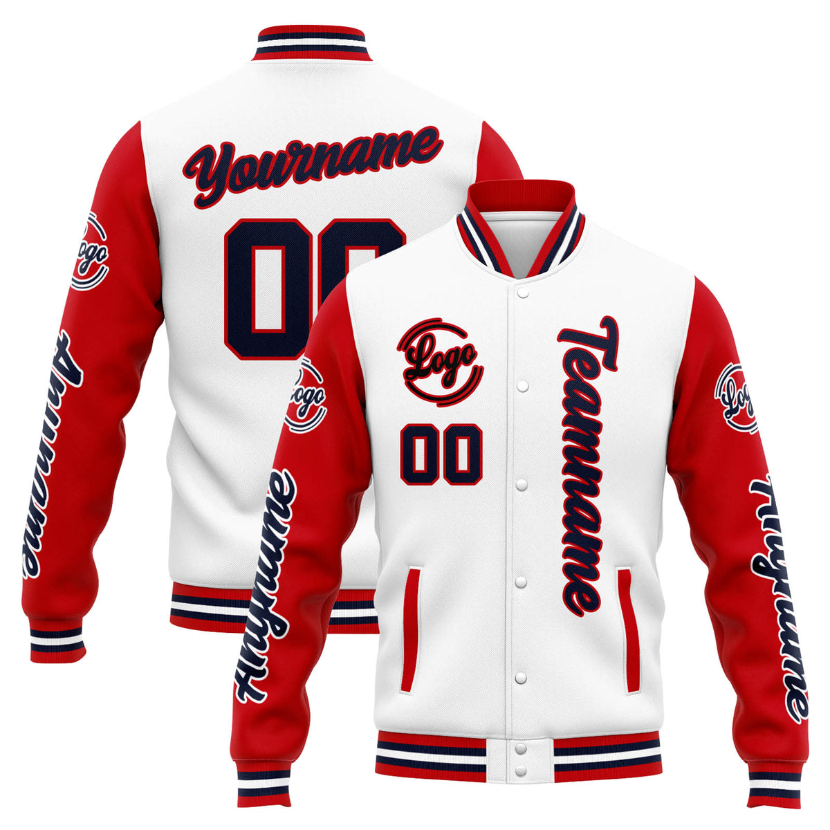 Custom Varsity Jacket Letterman Jacket For Men, Women And Youth White Red Navy