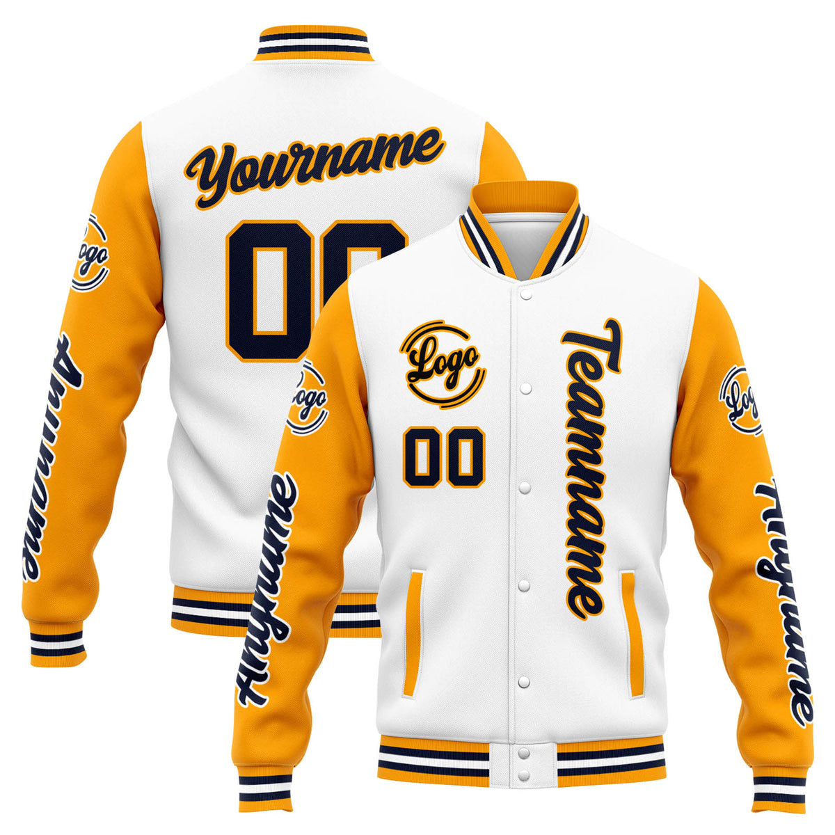 Custom Varsity Jacket Letterman Jacket For Men, Women And Youth White Orange Navy