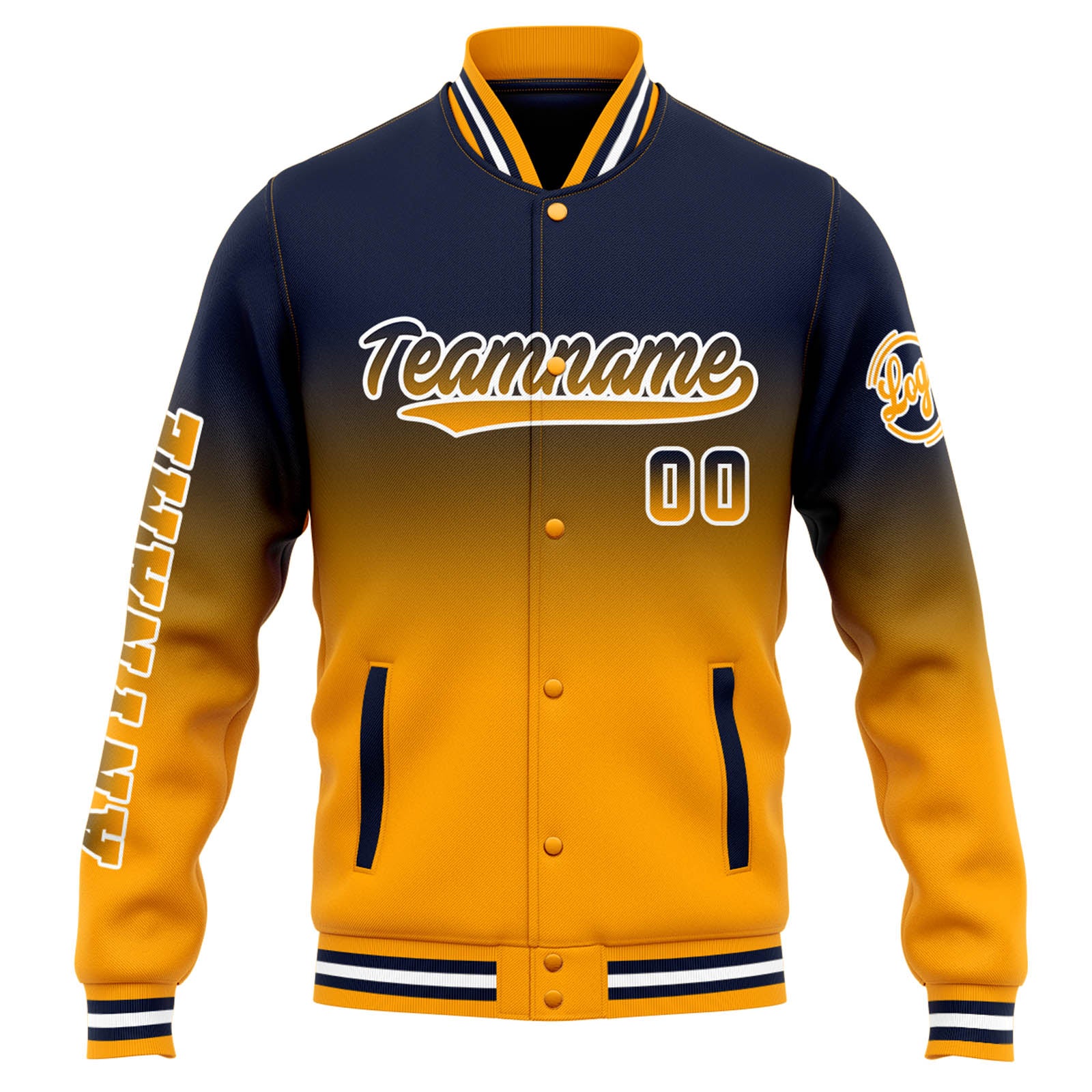 Custom Varsity Jacket Letterman Jacket For Men, Women And Youth Navy Orange Gradient