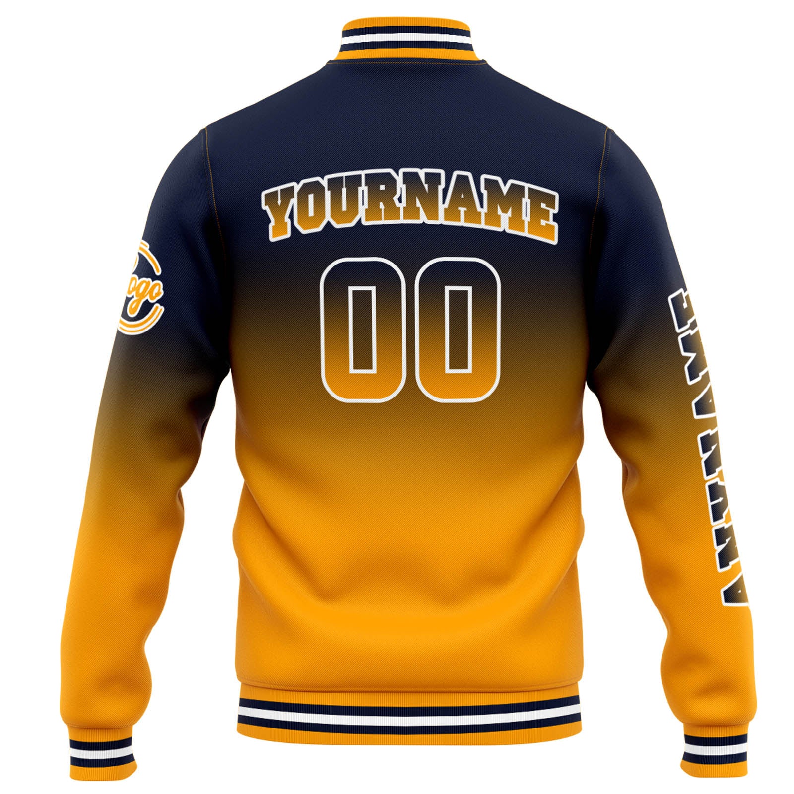 Custom Varsity Jacket Letterman Jacket For Men, Women And Youth Navy Orange Gradient