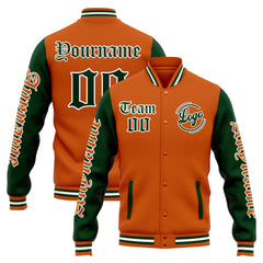 Custom Varsity Jacket Letterman Jacket For Men, Women And Youth Orange Dark Green