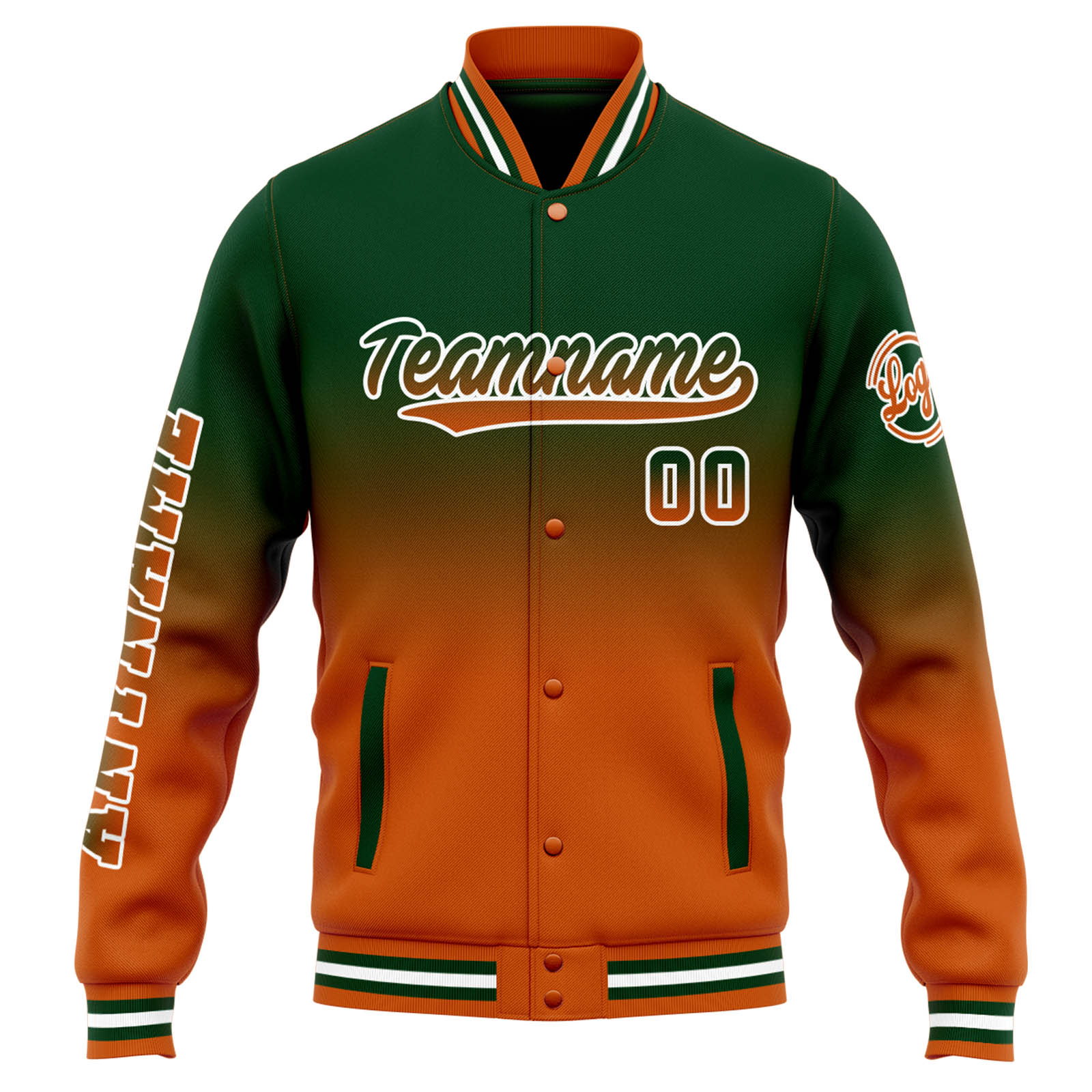 Custom Varsity Jacket Letterman Jacket For Men, Women And Youth Drak Green Orange Gradient