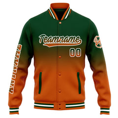 Custom Varsity Jacket Letterman Jacket For Men, Women And Youth Drak Green Orange Gradient