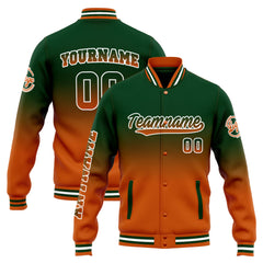 Custom Varsity Jacket Letterman Jacket For Men, Women And Youth Drak Green Orange Gradient