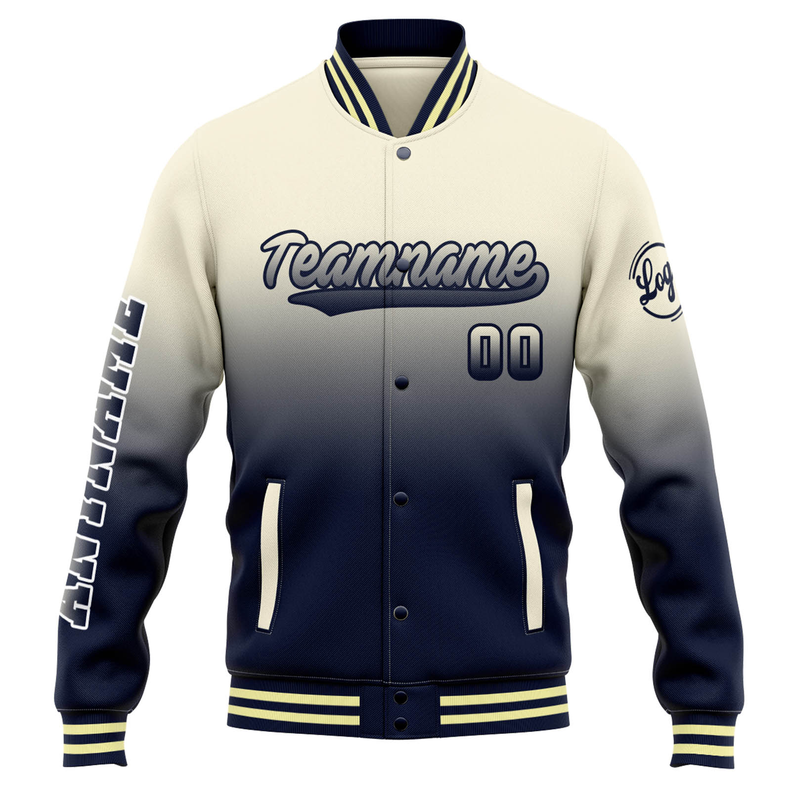 Custom Varsity Jacket Letterman Jacket For Men, Women And Youth Cream Navy Gradient