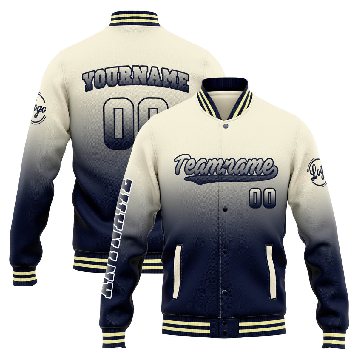 Custom Varsity Jacket Letterman Jacket For Men, Women And Youth Cream Navy Gradient