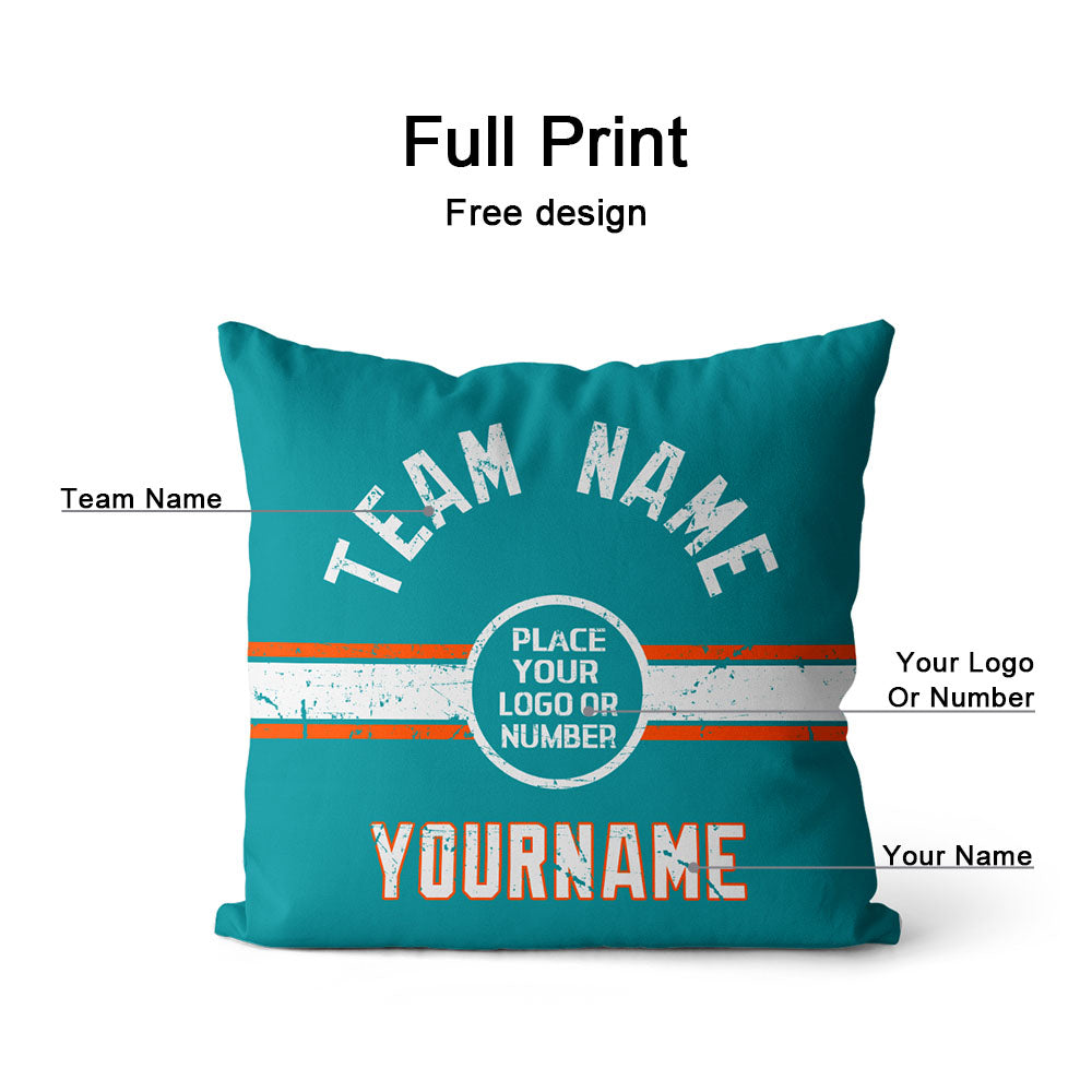 Custom Football Throw Pillow for Men Women Boy Gift Printed Your Personalized Name Number Aqua & Orange & White